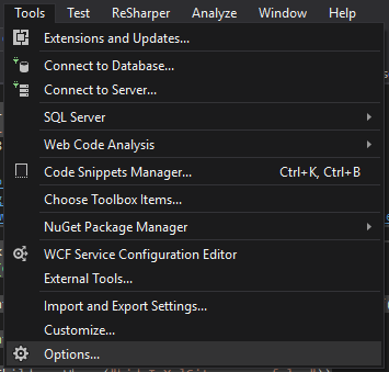 The Tools and Options menu in Visual Studio