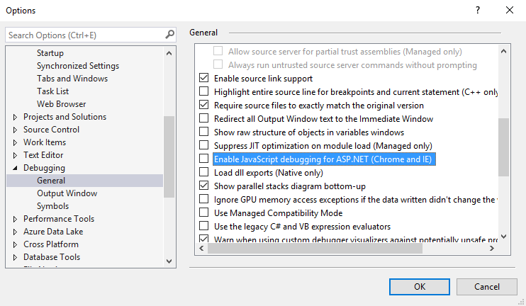 The JavaScript debugging option in Visual Studio